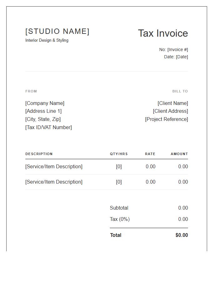 Minimalist Interior Design Tax Invoice Template