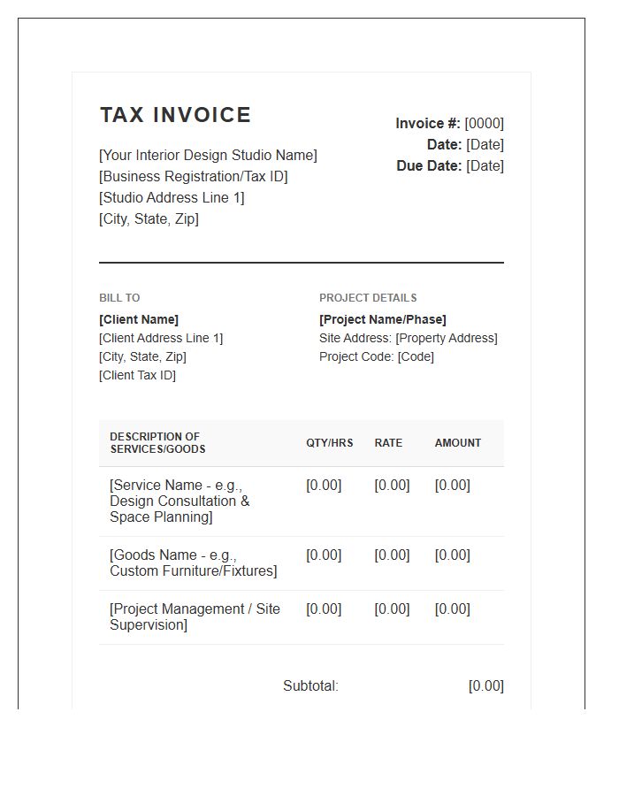 Official Interior Design Tax Invoice Template