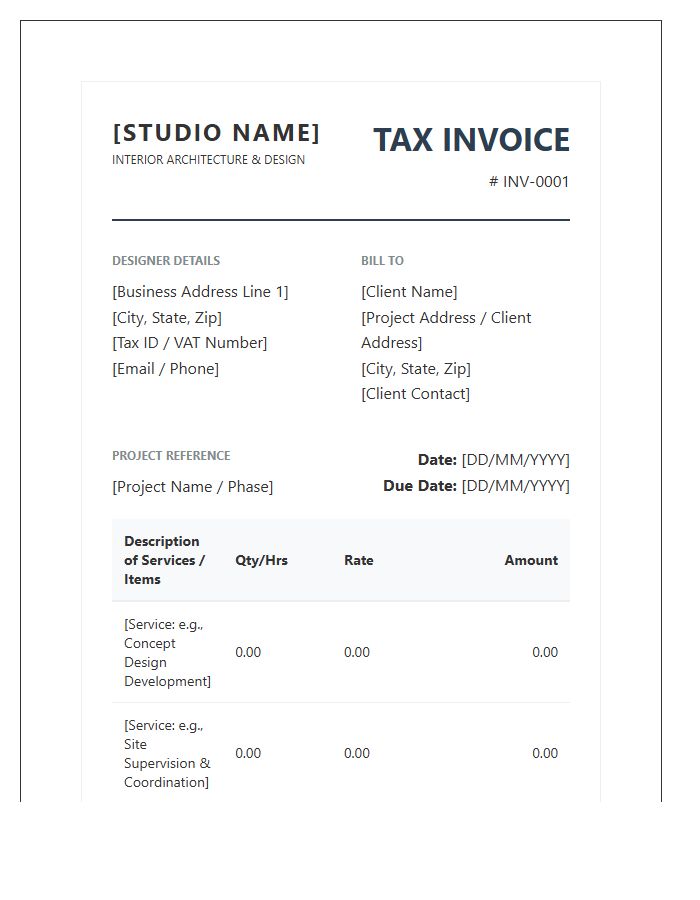 Professional Interior Designer Tax Invoice Template