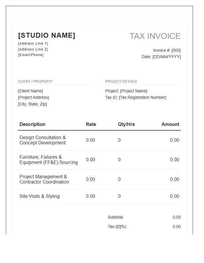 Residential Interior Design Tax Invoice Template