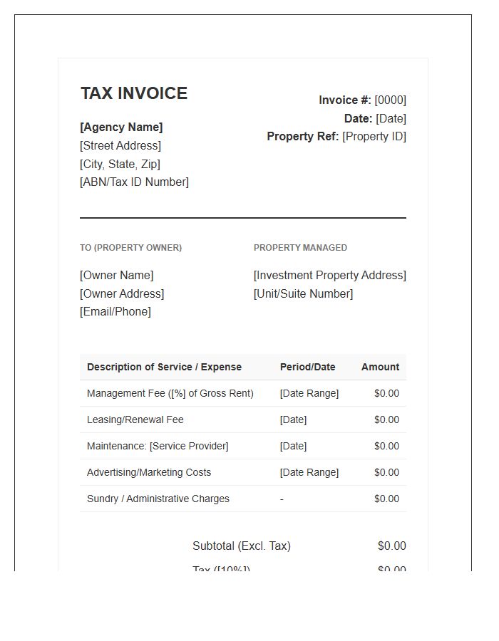 Investment Property Management Tax Invoice Template