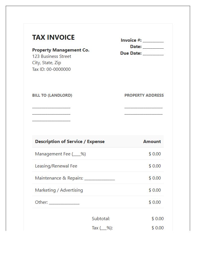 Landlord Property Management Tax Invoice Template