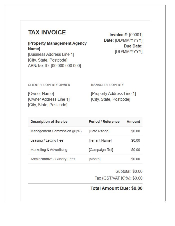 Property Management Commission Tax Invoice Template