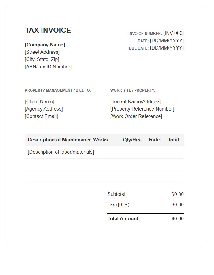 Property Management Maintenance Tax Invoice Template