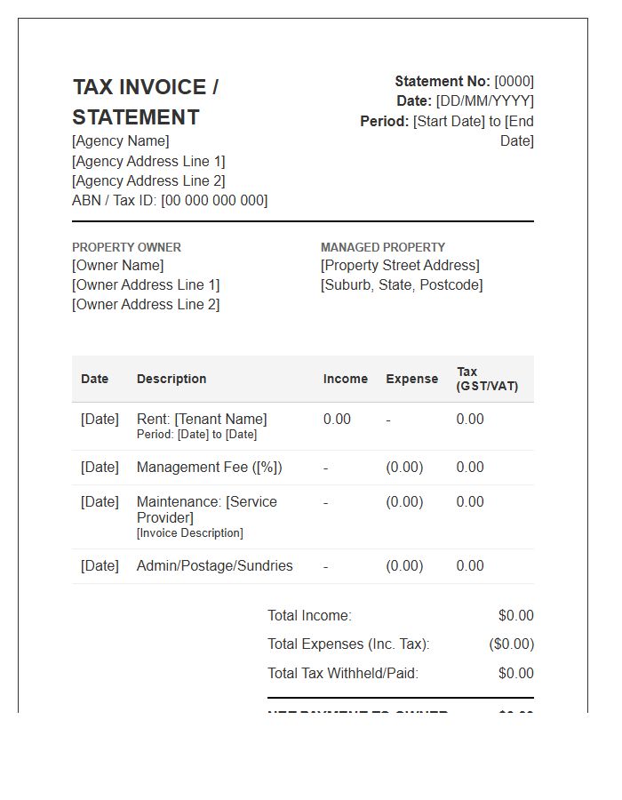 Property Management Monthly Statement Tax Invoice Template