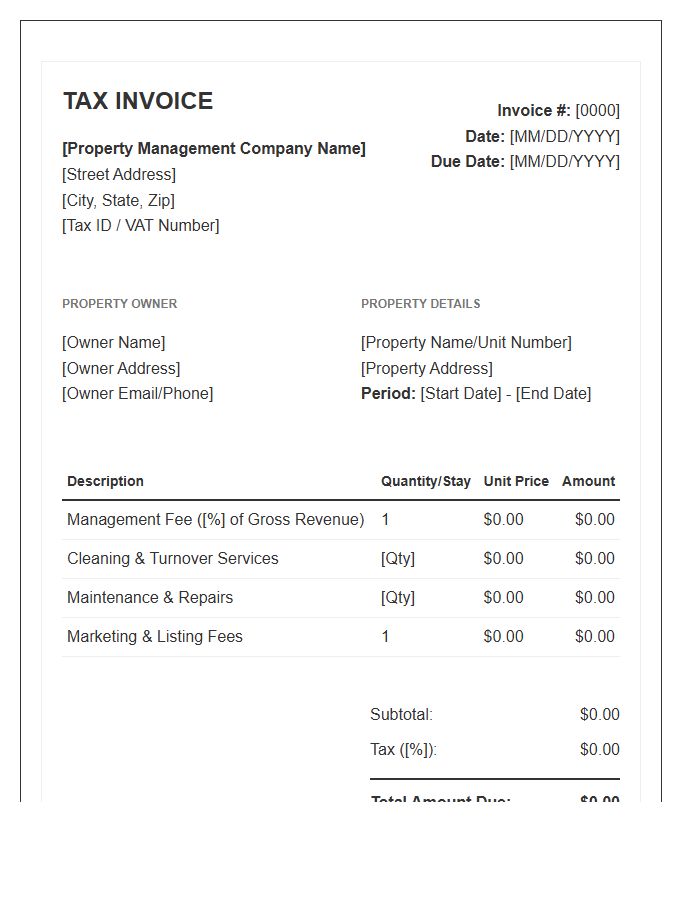 Vacation Rental Property Management Tax Invoice Template
