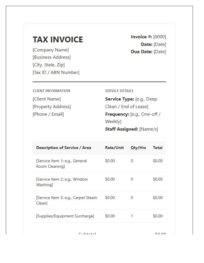 Detailed Cleaning Service Tax Invoice Template