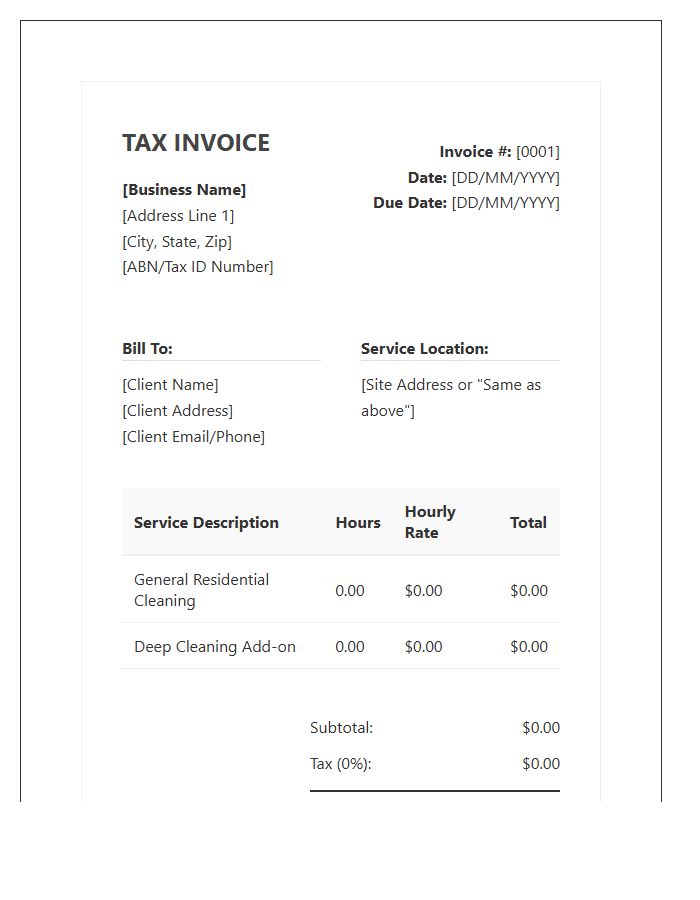 Hourly Rate Cleaning Tax Invoice Template