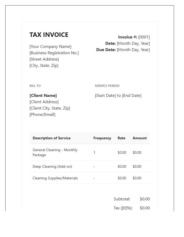 Monthly Cleaning Service Tax Invoice Template