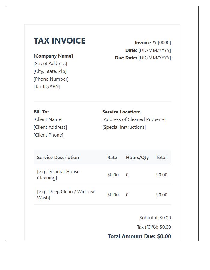 Professional House Cleaning Tax Invoice Template