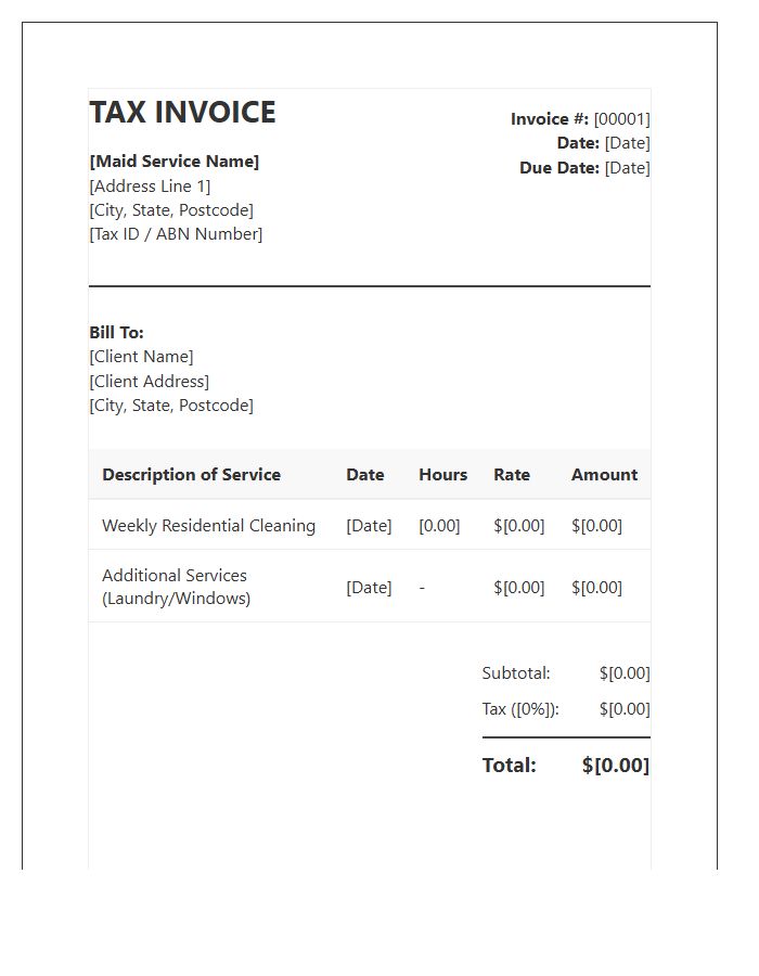 Weekly Maid Service Tax Invoice Template
