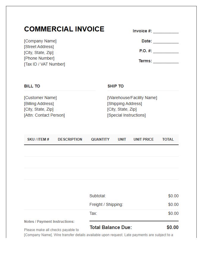 Commercial Wholesale Distribution Invoice Template
