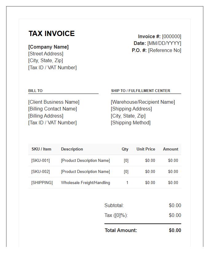 Wholesale Fulfillment Tax Invoice Template