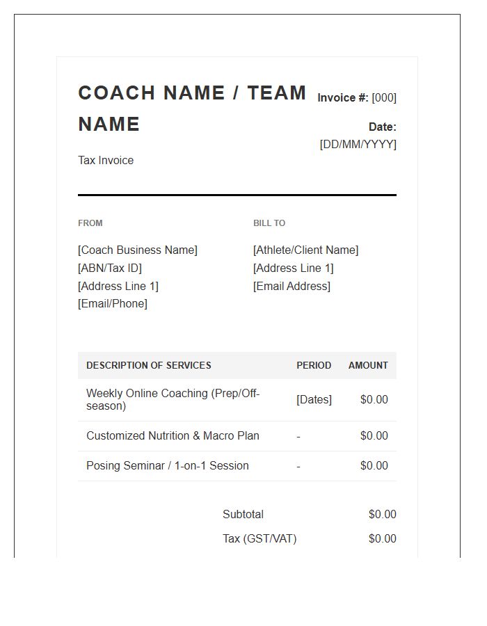 Bodybuilding Coach Tax Invoice Template Style