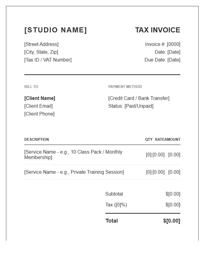 Boutique Fitness Studio Tax Invoice Template