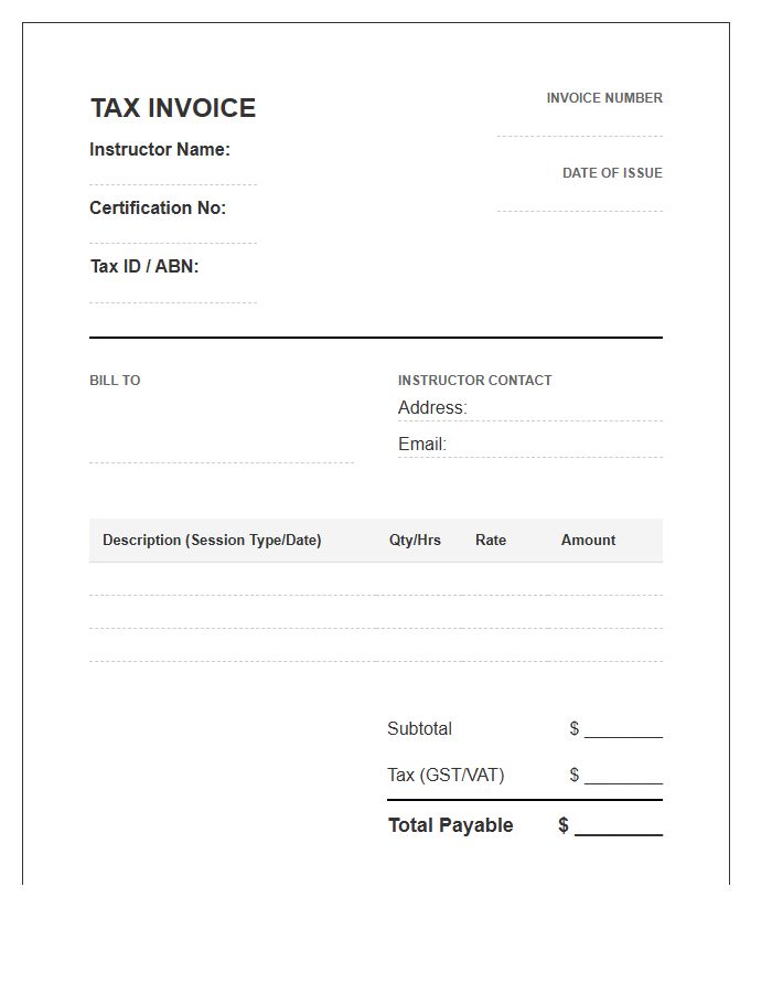 Certified Fitness Instructor Tax Invoice Template