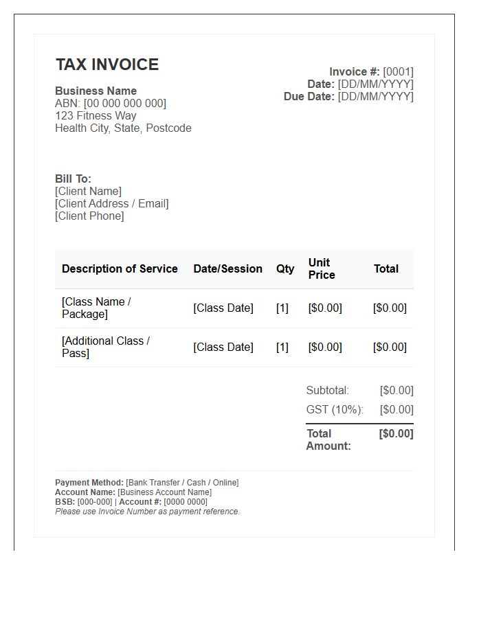 Group Fitness Class Tax Invoice Template Format