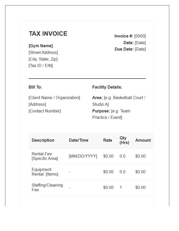 Gym Facility Rental Tax Invoice Template
