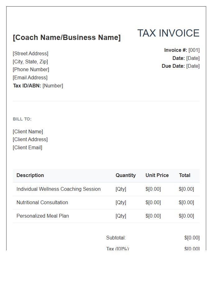 Health And Wellness Coach Tax Invoice Template