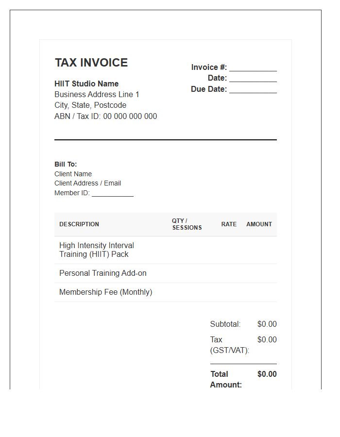 High Intensity Interval Training Tax Invoice Template