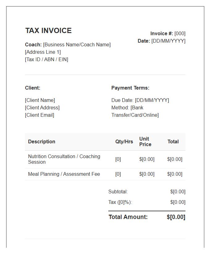 Nutrition Coaching Tax Invoice Template Form