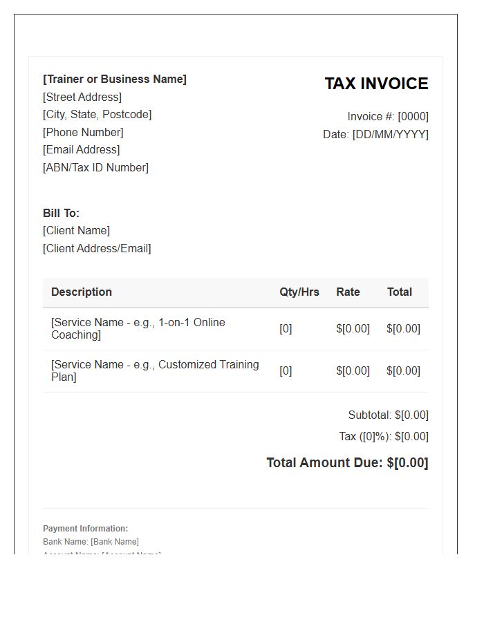 Online Personal Training Tax Invoice Template