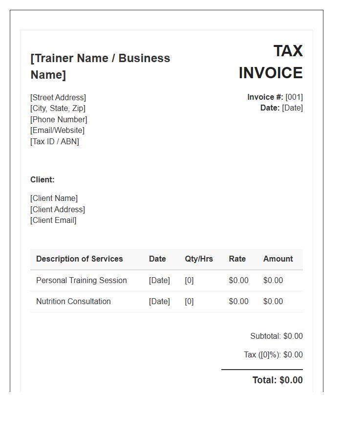 Personal Trainer Tax Invoice Template For Services