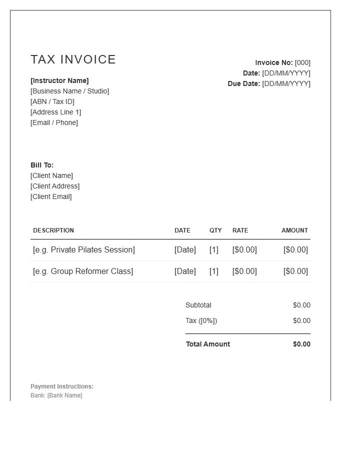 Pilates Instructor Tax Invoice Template Layout
