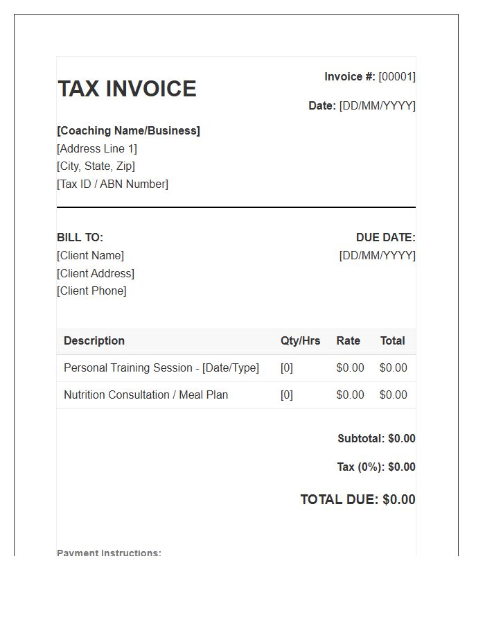 Private Fitness Coaching Tax Invoice Template