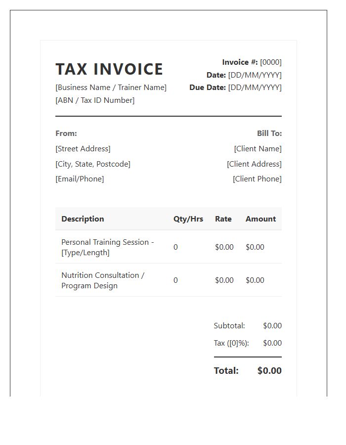 Professional Fitness Trainer Tax Invoice Template