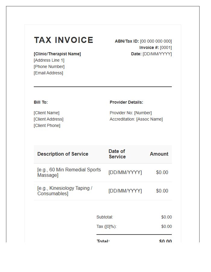 Sports Massage Therapy Tax Invoice Template