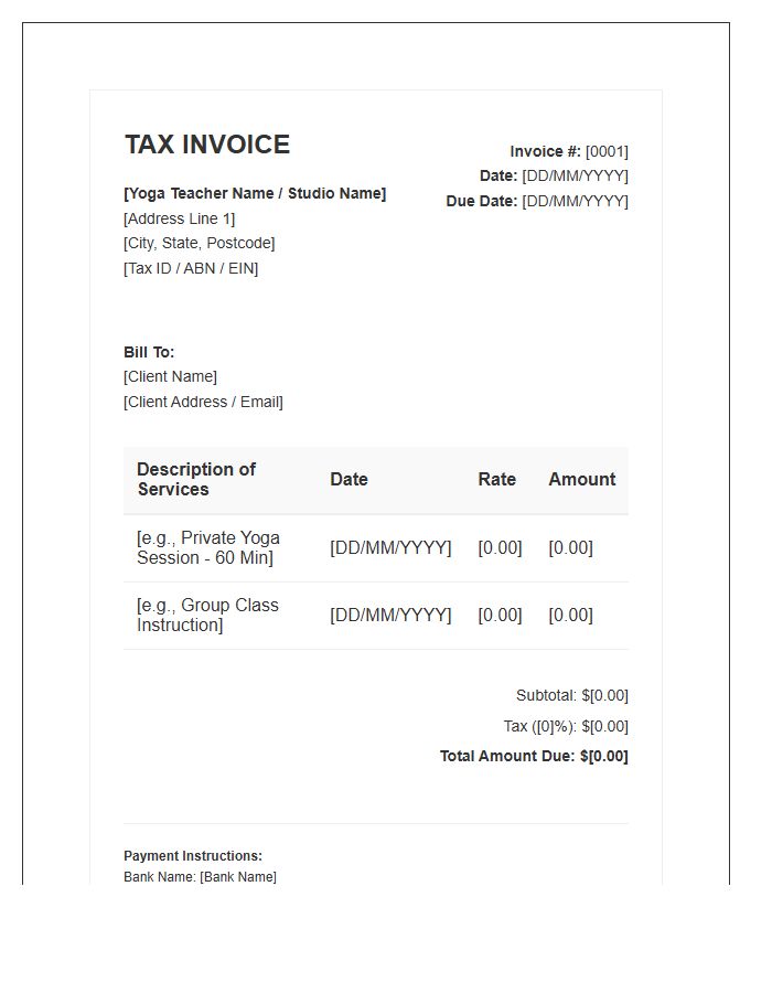 Yoga Teacher Tax Invoice Template Documentation
