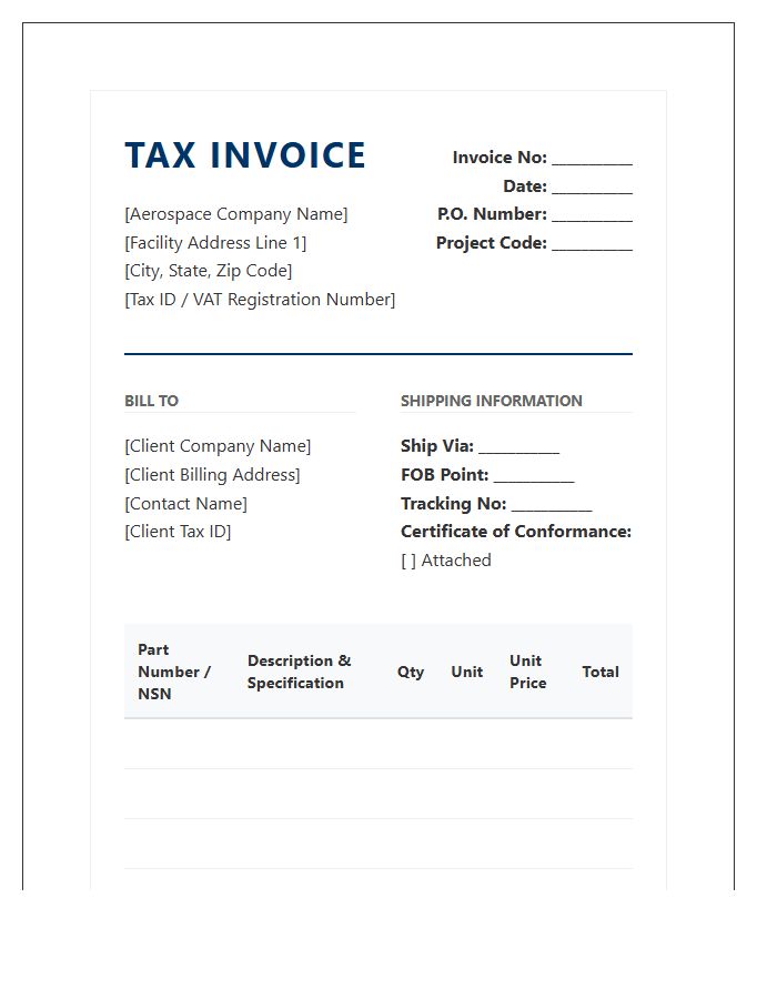 Aerospace Manufacturing Tax Invoice Template
