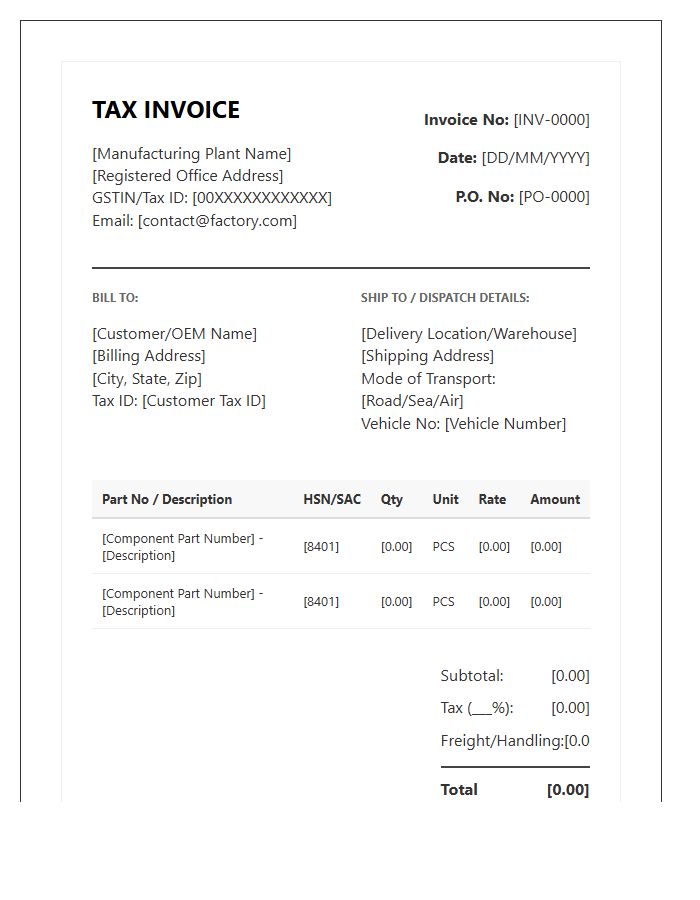 Automotive Component Manufacturing Tax Invoice Template