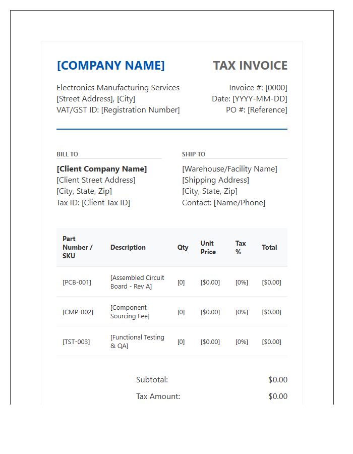 Electronics Manufacturing Tax Invoice Template