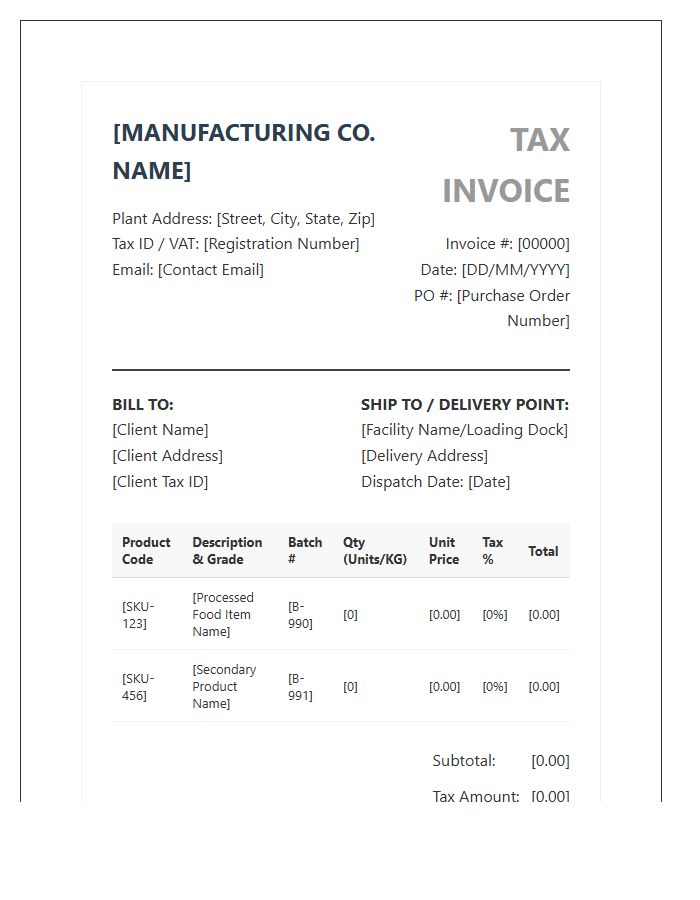Food Processing Manufacturing Tax Invoice Template