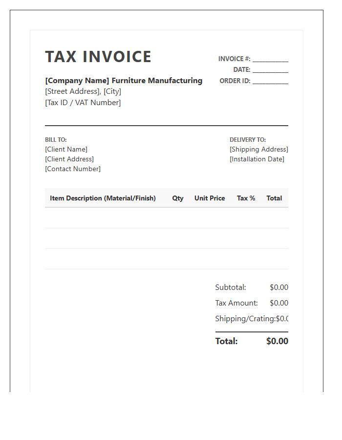 Furniture Manufacturing Tax Invoice Template