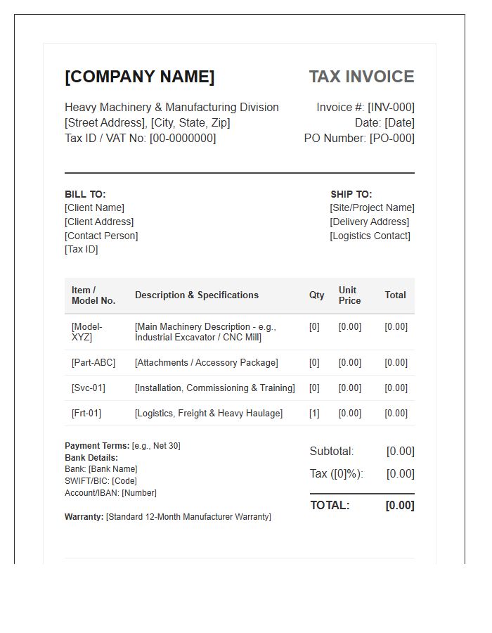 Heavy Machinery Manufacturing Tax Invoice Template
