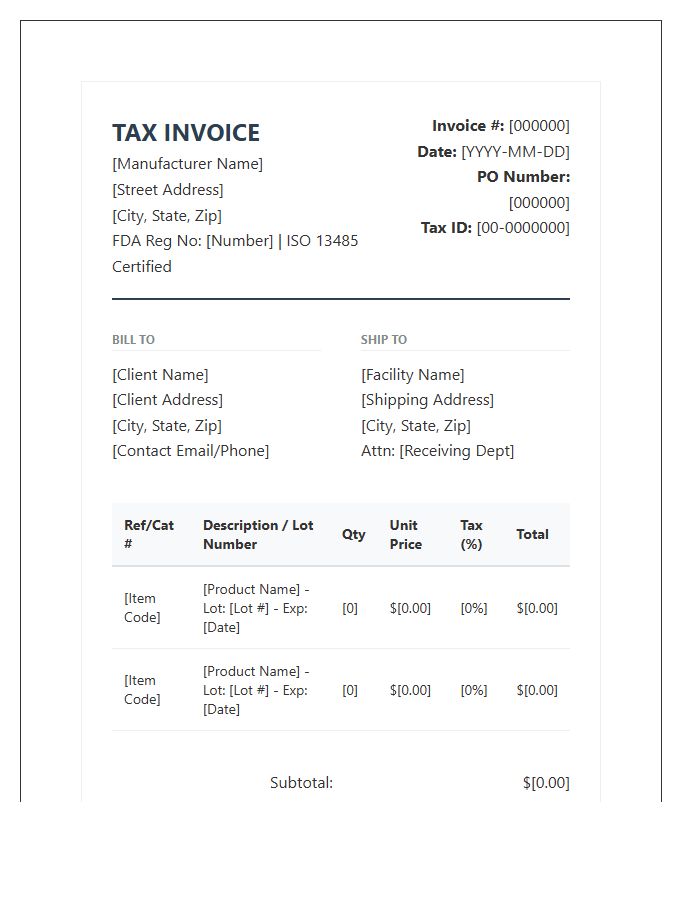 Medical Device Manufacturing Tax Invoice Template