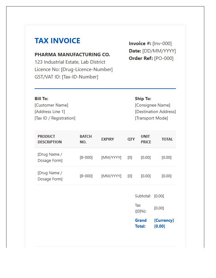 Pharmaceutical Manufacturing Tax Invoice Template
