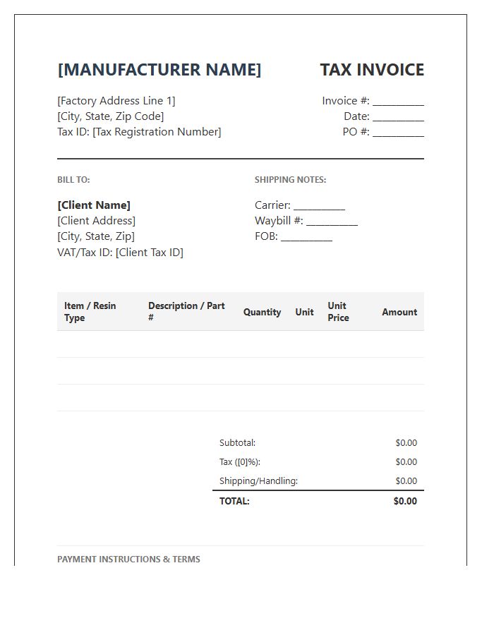 Plastics Manufacturing Tax Invoice Template