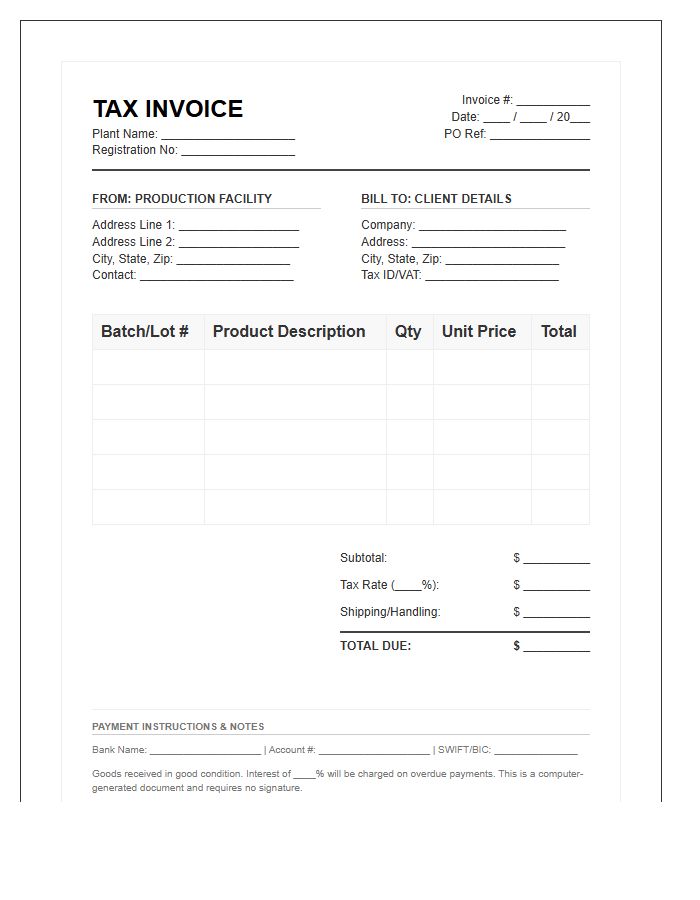 Production Plant Tax Invoice Template
