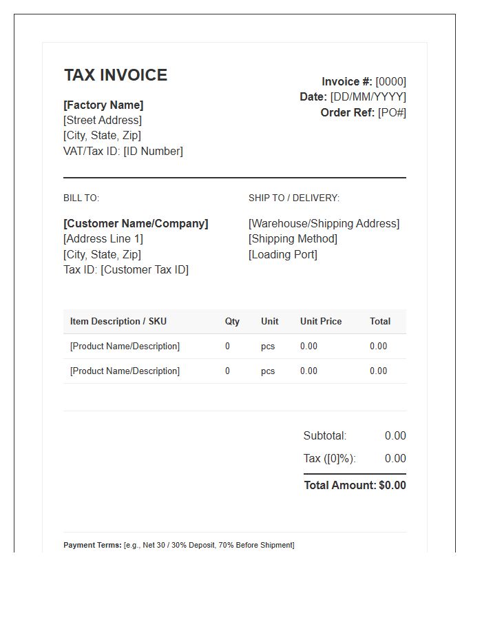 Wholesale Factory Tax Invoice Template