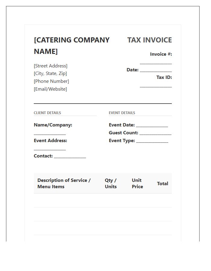 Formal Catering Service Tax Invoice Template