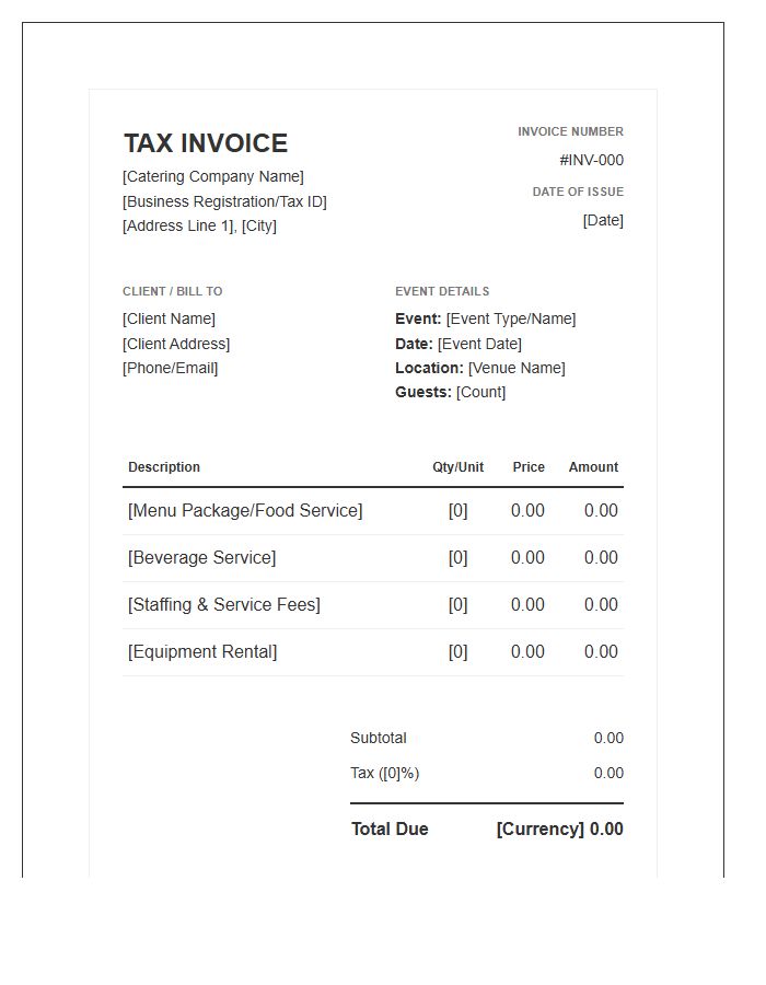 Private Event Catering Tax Invoice Template