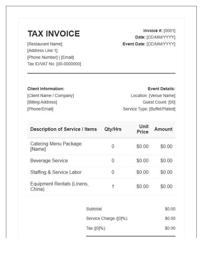 Restaurant Catering Service Tax Invoice Template