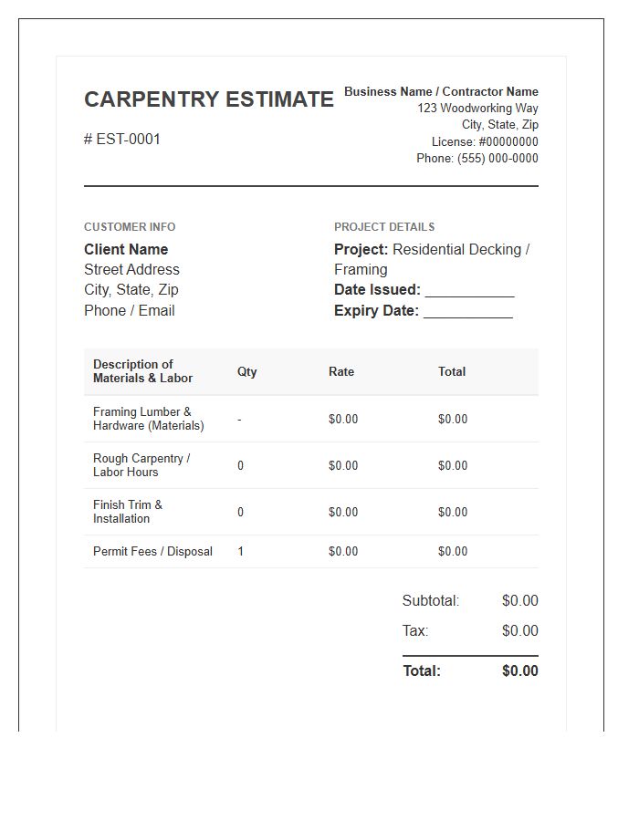 Carpentry Contractor Professional Estimate Invoice Template