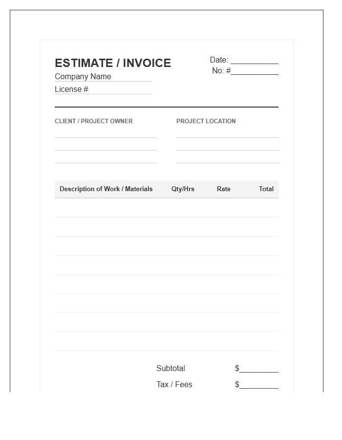 Commercial Building Contractor Estimate Invoice Template
