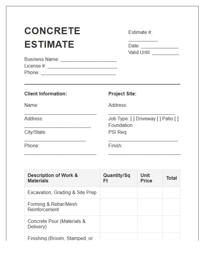Concrete Contractor Work Estimate Invoice Template