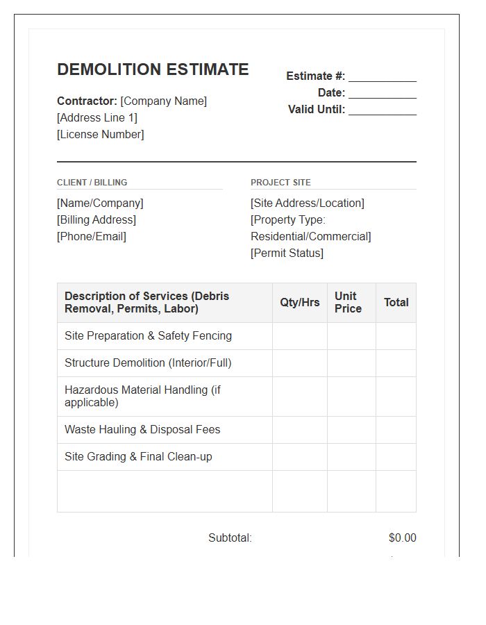 Demolition Contractor Project Estimate Invoice Template